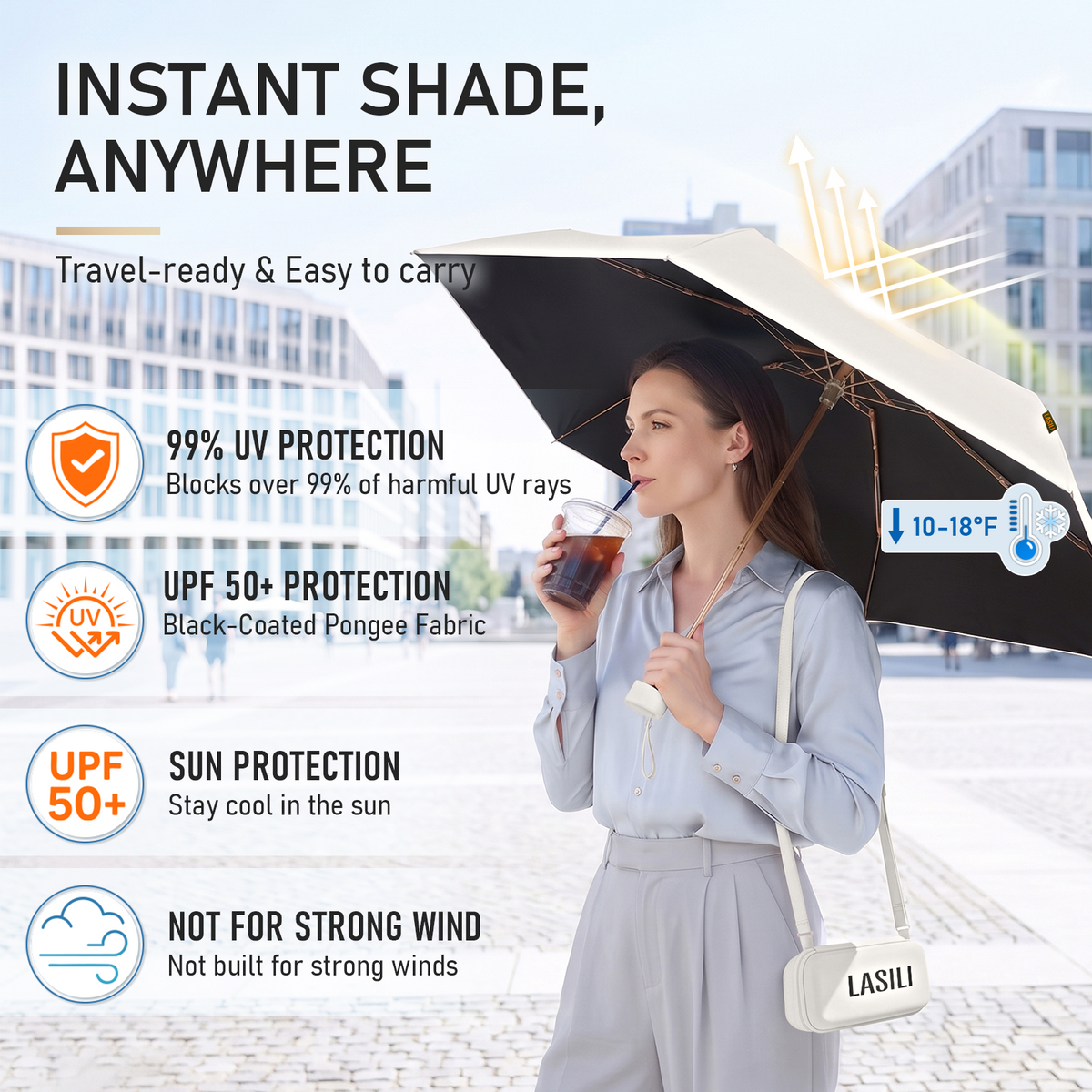 LASILI F7 MINI UPF 50+ Travel Umbrella with UV Protection, Sun & Rain