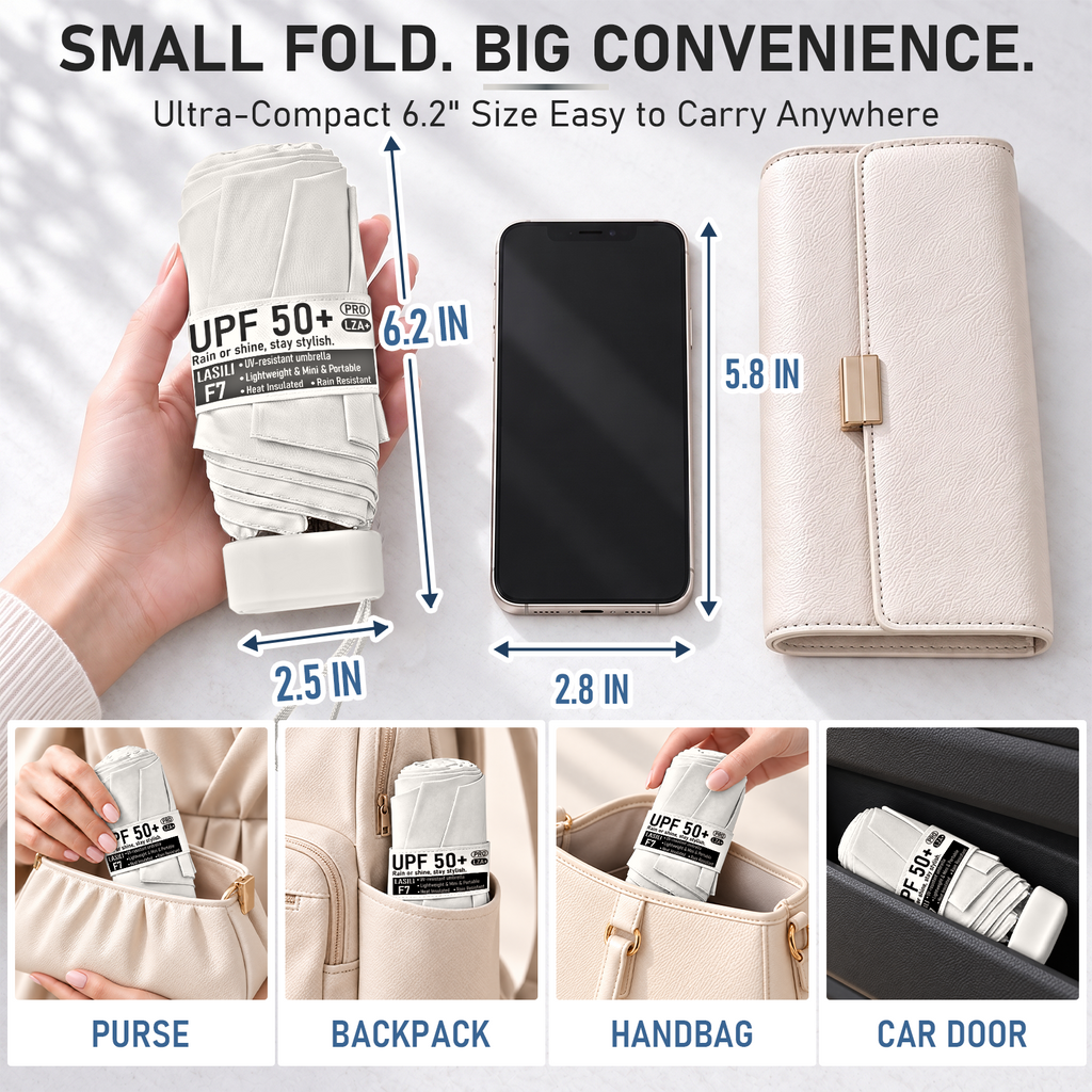 LASILI F7 MINI UPF 50+ Travel Umbrella with UV Protection, Sun & Rain