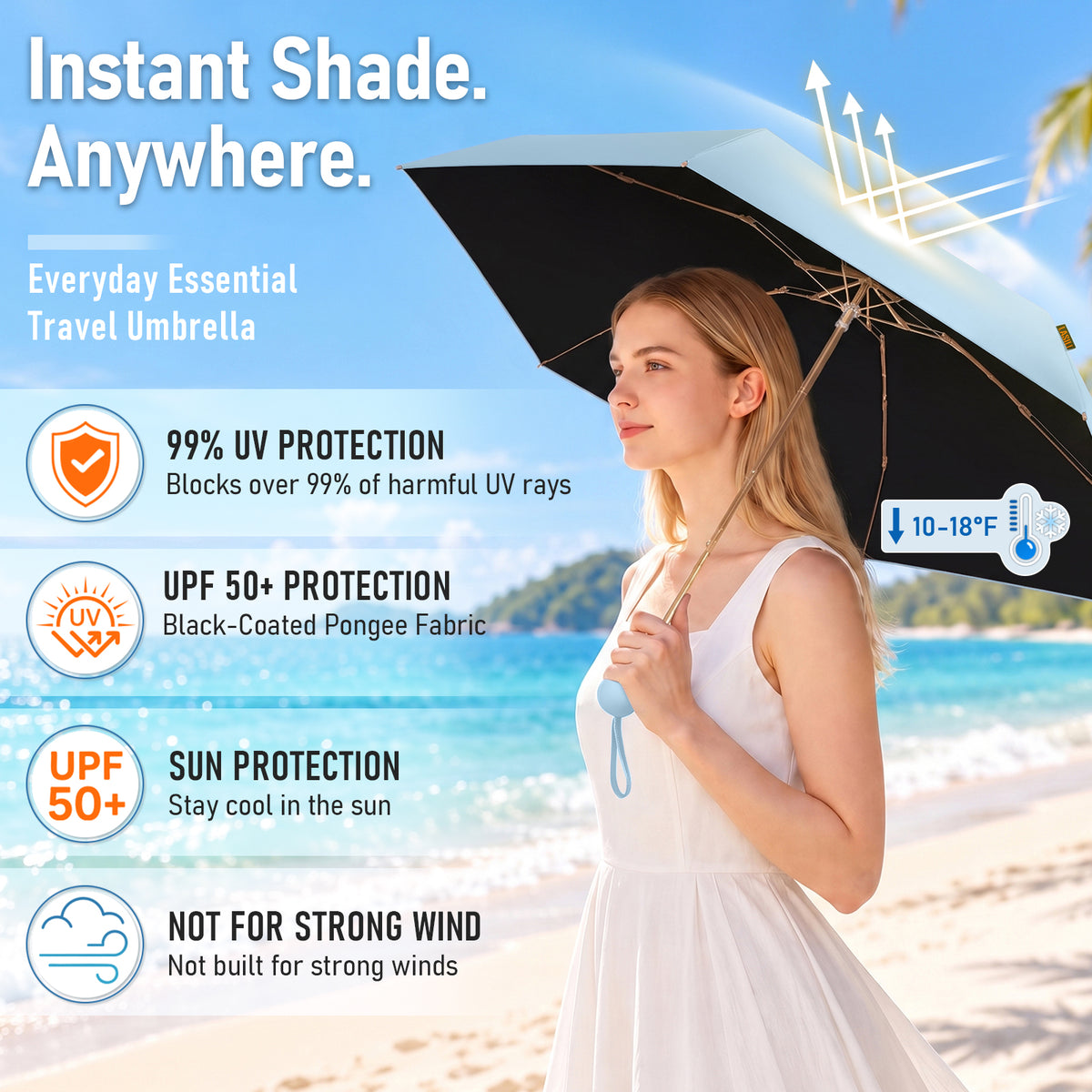 LASILI F3 MINI Travel Umbrella with UV Protection, Sun & Rain, 39" Arc